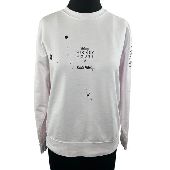 Disney Mickey Mouse x Keith Haring White Crewneck Graphic Print Pullover Top S - Picture 1 of 9